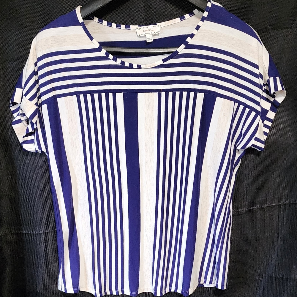 Corvia Blue and White Striped Short Sleeve Tee